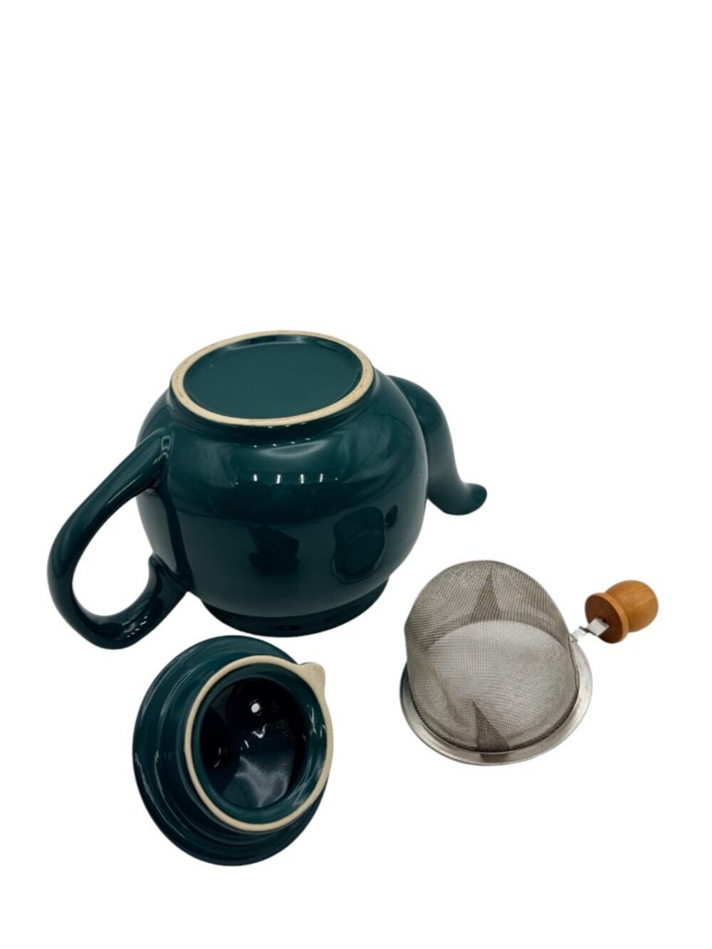 Dark Green Ceramic Teapot w/Stainless Steel Infuser & Wooden Handle Lid – Modern - Picture 9 of 11